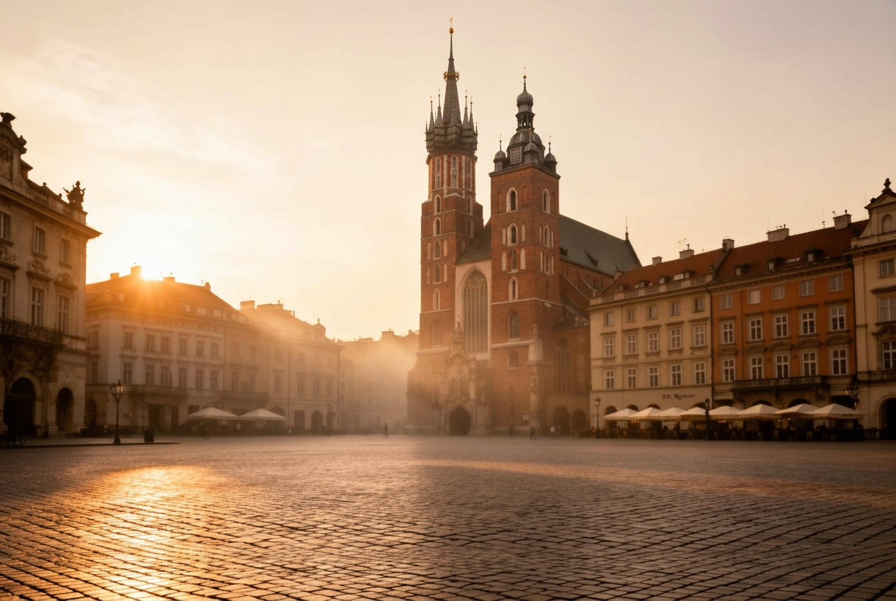 Vista de Cracovia al atardecer con la Basílica de Santa María